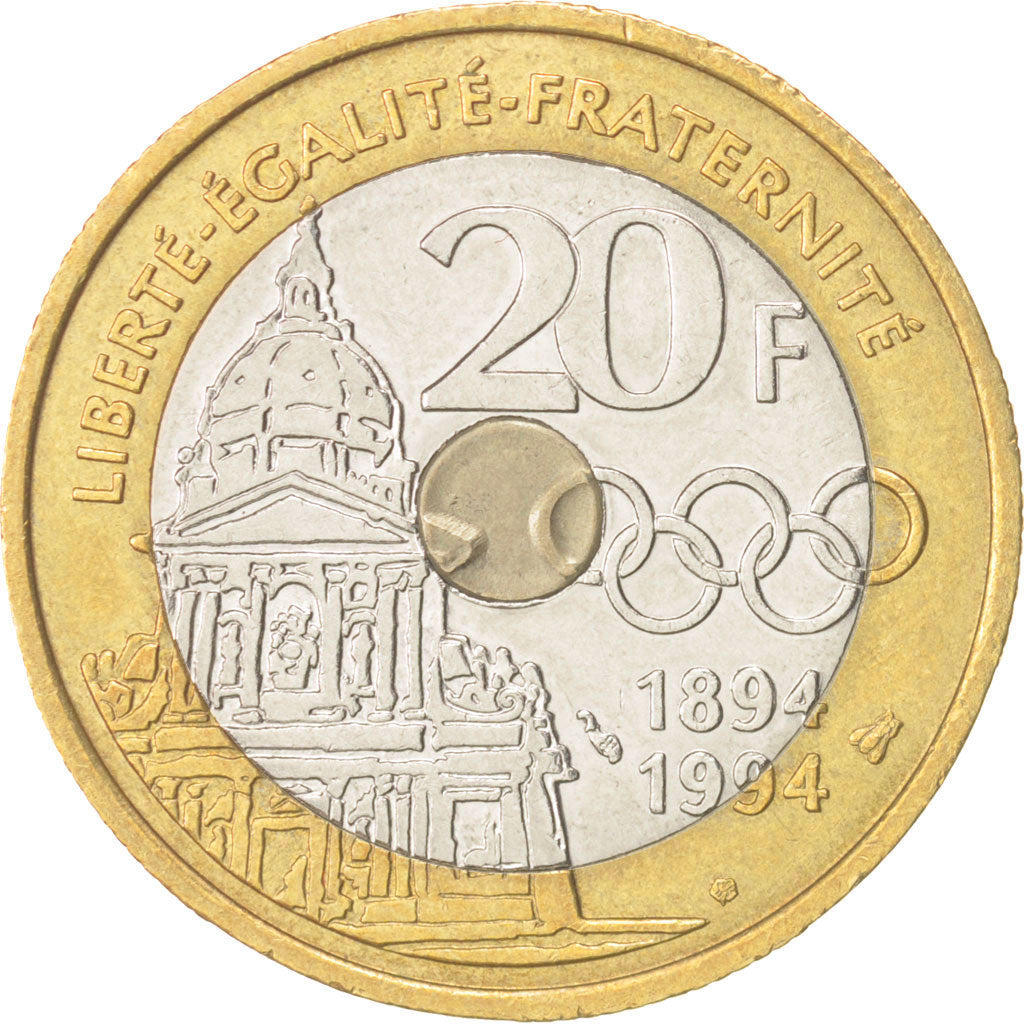 France, Pierre de Coubertin, 20 Francs, 1994, MS(60-62), Tri-Metallic, KM:1036