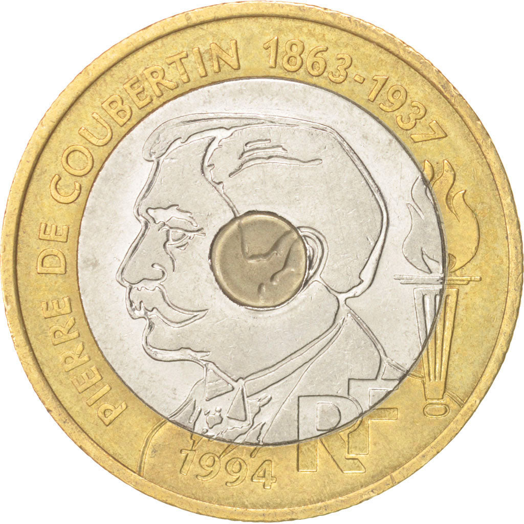 Coin, France, Pierre de Coubertin, 20 Francs, 1994, AU(55-58), Tri-Metallic