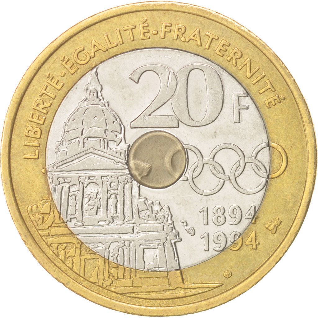 Coin, France, Pierre de Coubertin, 20 Francs, 1994, AU(55-58), Tri-Metallic