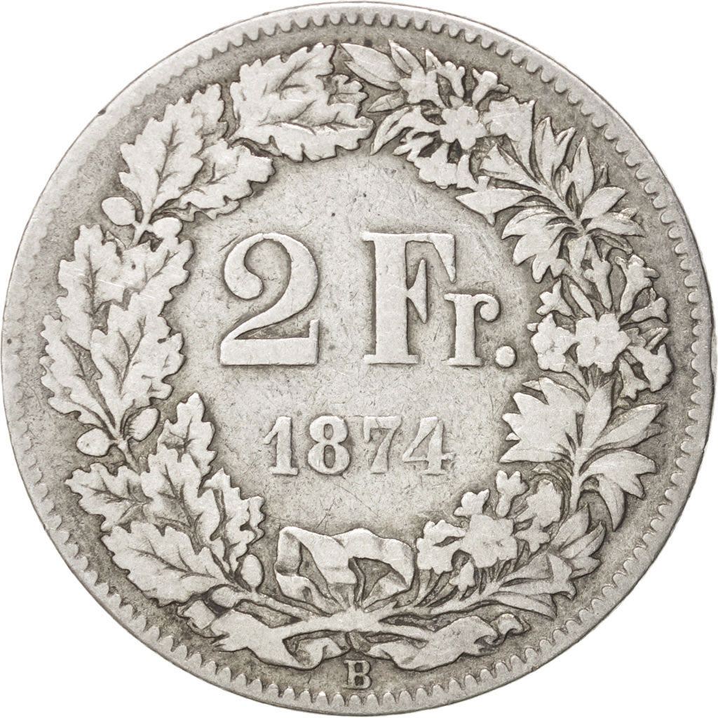 Switzerland, 2 Francs, 1874, Bern, VF(20-25), Silver, KM:21