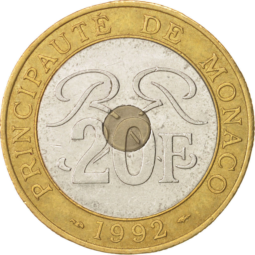 Monaco, Rainier III, 20 Francs, 1992, AU(55-58), Tri-Metallic, KM:165