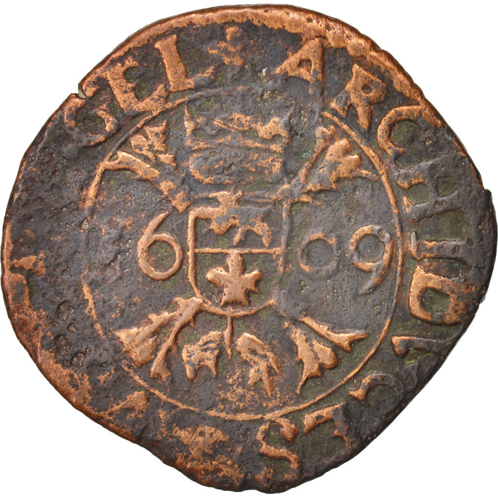 Coin, Spanish Netherlands, Liard, 1609, Roermond, VF(20-25), Copper, GH:322