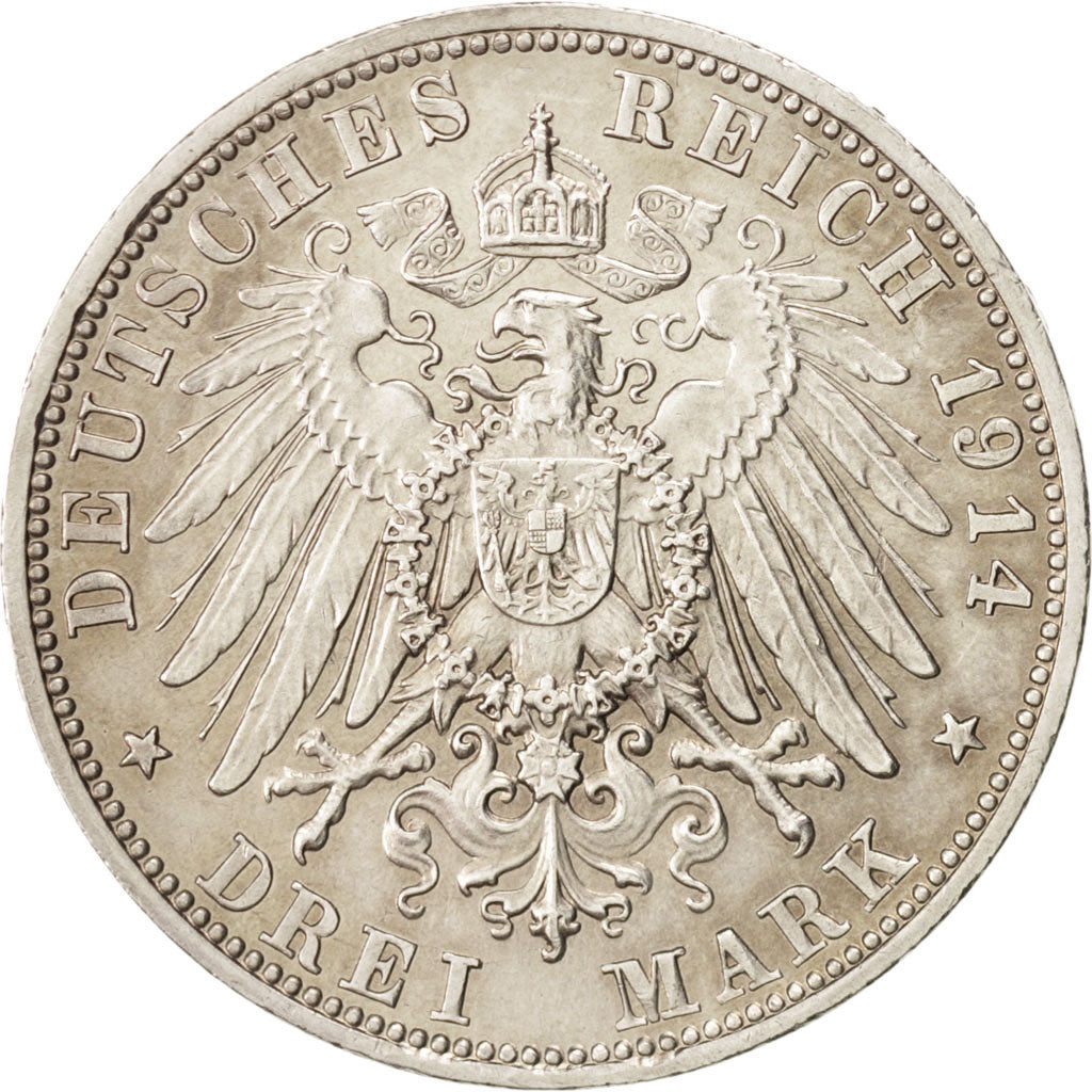 German States, BAVARIA, Ludwig III, 3 Mark, 1914, Munich, AU(55-58), Silver