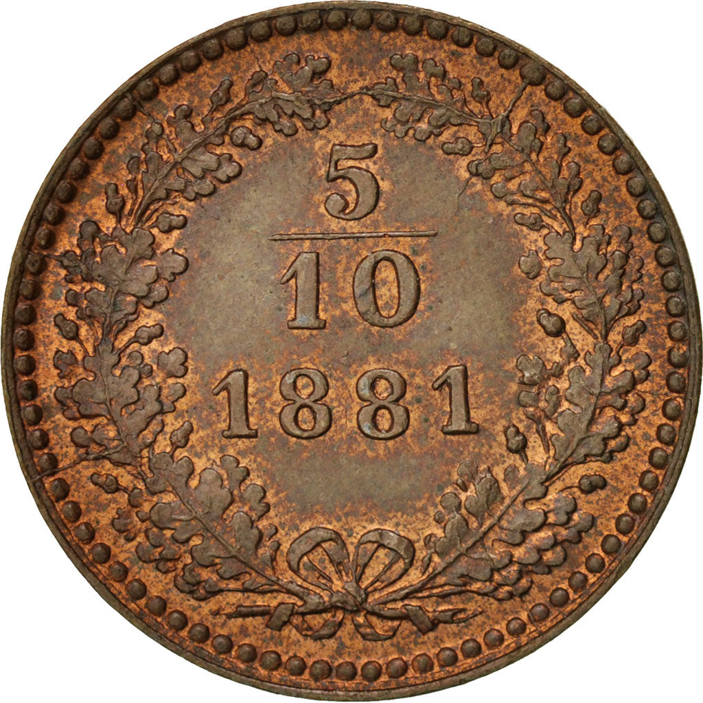Coin, Austria, Franz Joseph I, 5/10 Kreuzer, 1881, Vienna, MS(60-62), Copper