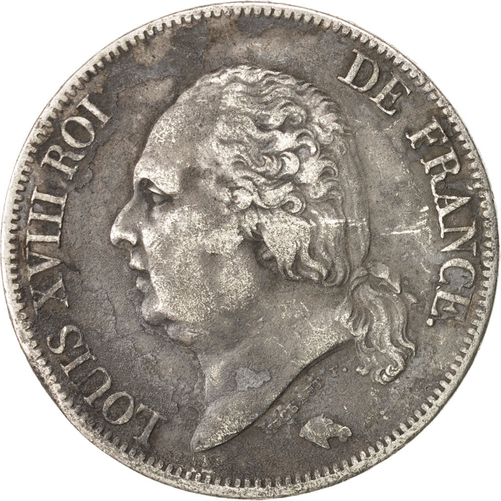 France, Louis XVIII, 5 Francs, 1824, Lyon, VF(30-35), Silver, KM:711.4