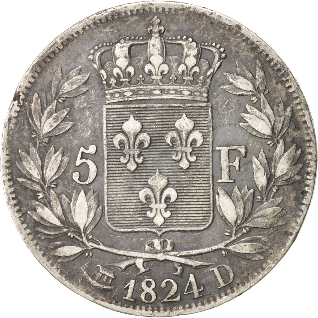 France, Louis XVIII, 5 Francs, 1824, Lyon, VF(30-35), Silver, KM:711.4