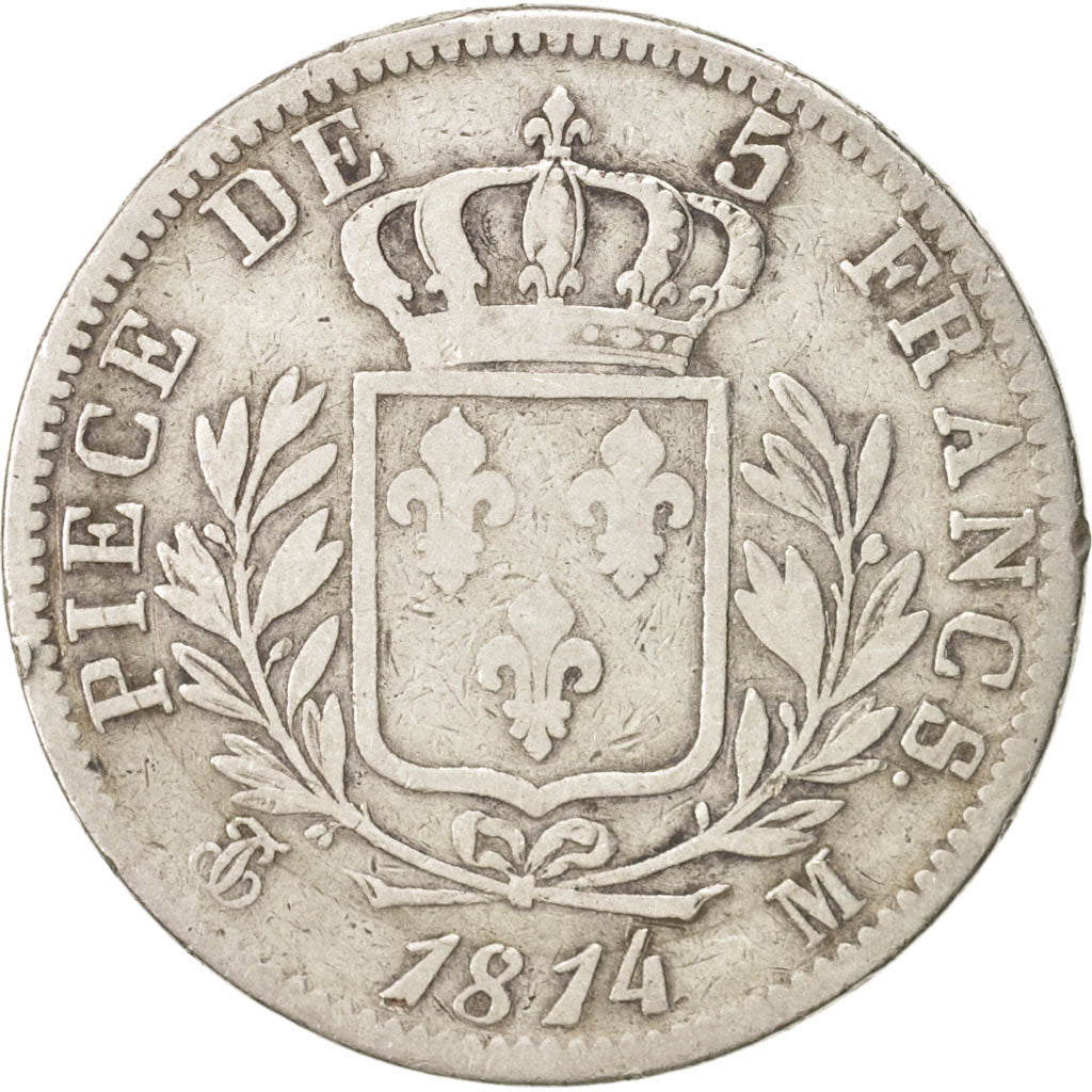 France, Louis XVIII, 5 Francs, 1814, Toulouse, VF(20-25), Silver, KM:702.9