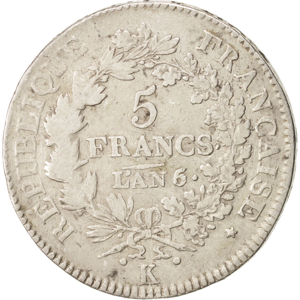 France, Union et Force, 5 Francs, 1797, An 6/5, Bordeaux, TB+, Silver