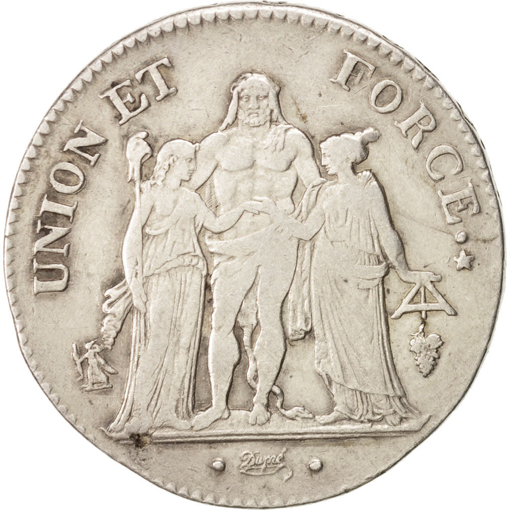 France, Union et Force, 5 Francs, 1799, An 8, Perpignan, EF(40-45), Silver