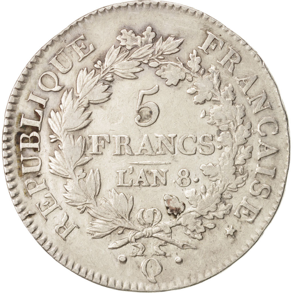 France, Union et Force, 5 Francs, 1799, An 8, Perpignan, EF(40-45), Silver