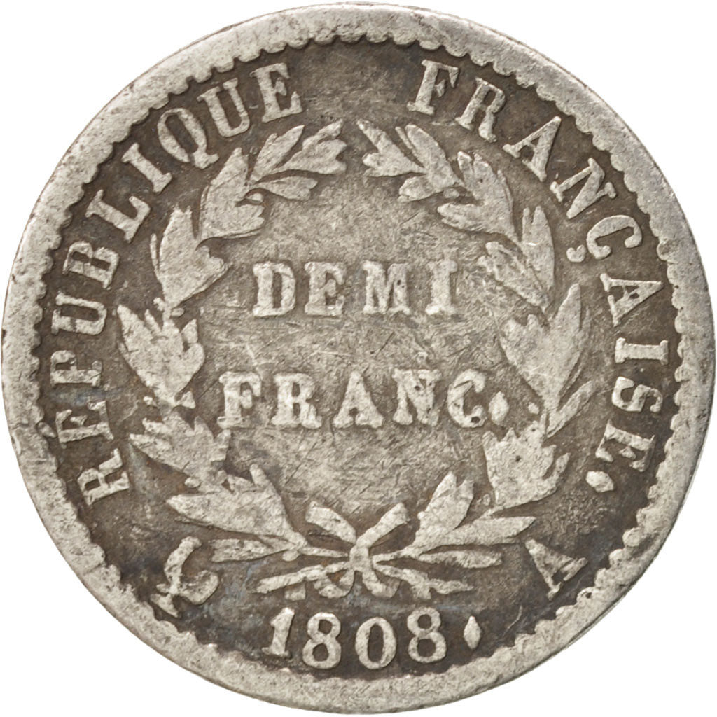 France, Napoléon I, 1/2 Franc, 1808, Paris, TB, Silver, KM:680.1, Gadoury:398