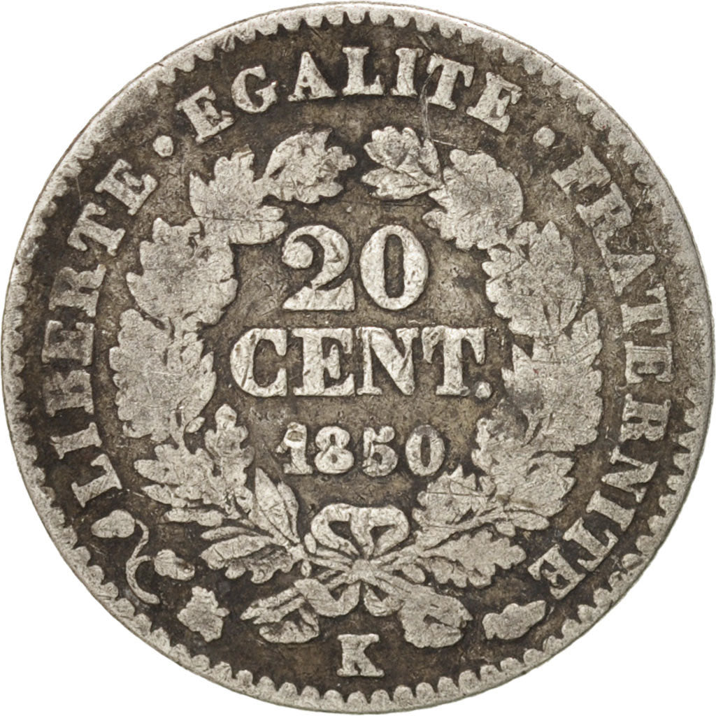 France, Cérès, 20 Centimes, 1850, Bordeaux, B+, Silver, KM:758.3, Gadoury:303