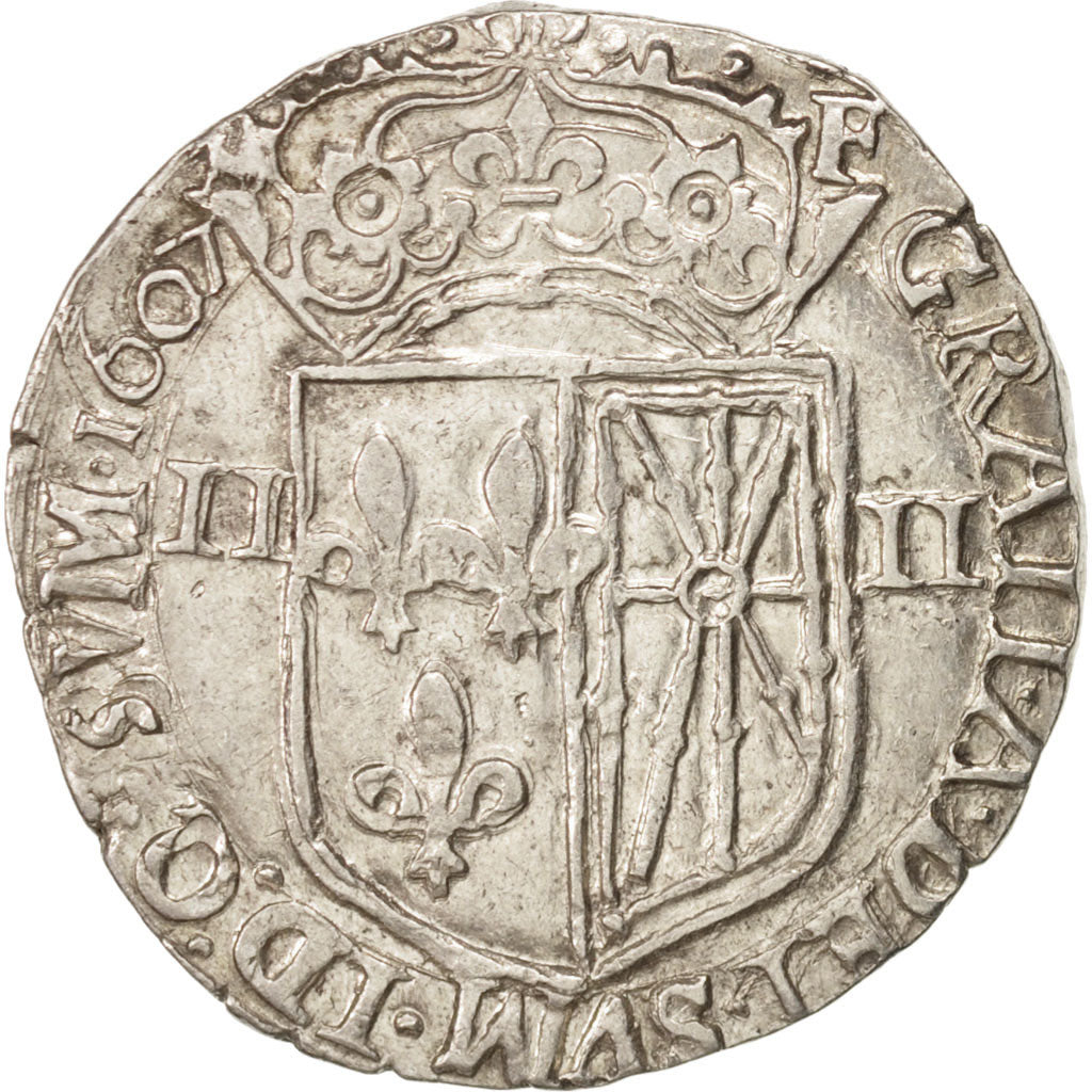 France, Henri IV, 1/4 Ecu, 1607, Saint Palais, AU(50-53), Silver, Sombart:4710
