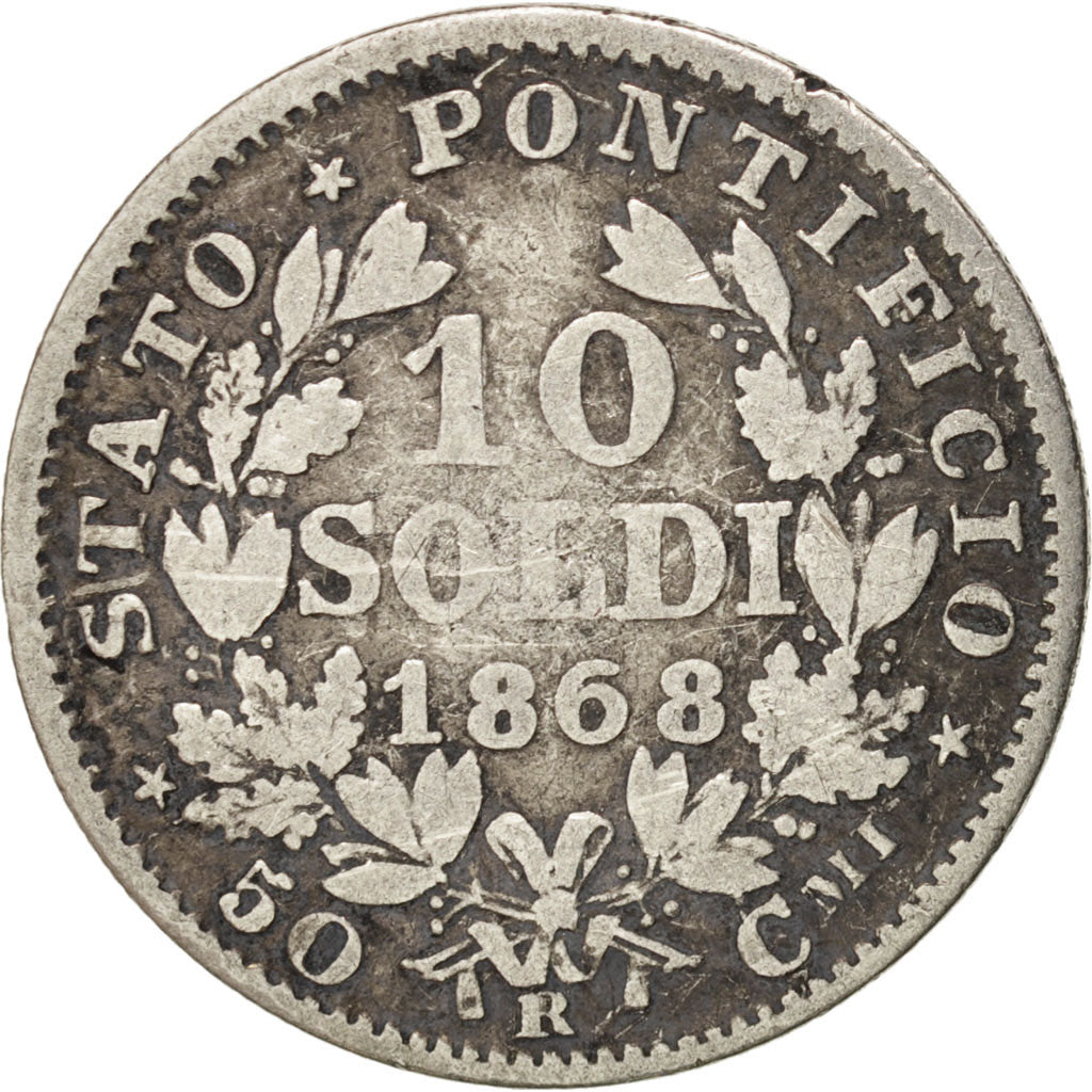 STATI ITALIANI, PAPAL STATES, Pius IX, 10 Soldi, 50 Centesimi, 1868, Rome, MB...