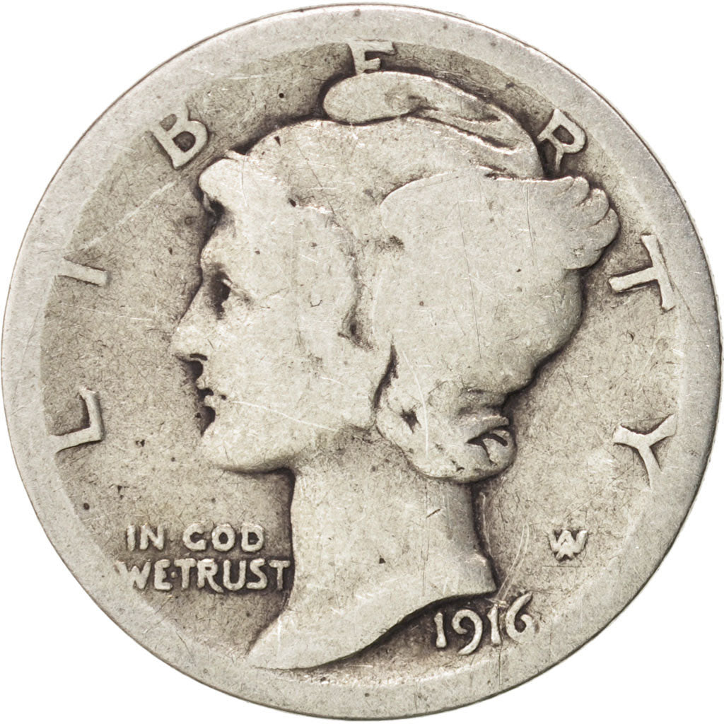 United States, Mercury Dime, 1916, Philadelphia, VF(20-25), Silver, KM:140