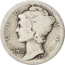 United States, Mercury Dime, 1916, Philadelphia, VF(20-25), Silver, KM:140