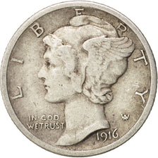 United States, Mercury Dime, 1916, Philadelphia, EF(40-45), Silver, KM:140