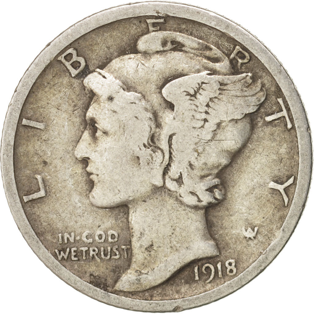 United States, Mercury Dime, 1918, Philadelphia, VF(30-35), Silver, KM:140