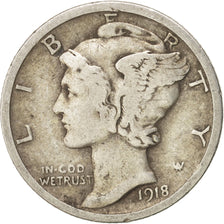 United States, Mercury Dime, 1918, Philadelphia, VF(30-35), Silver, KM:140