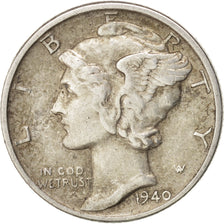 United States, Mercury Dime, 1940, Philadelphia, AU(50-53), Silver, KM:140