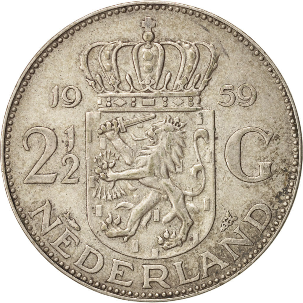 Netherlands, Juliana, 2-1/2 Gulden, 1959, AU(55-58), Silver, KM:185
