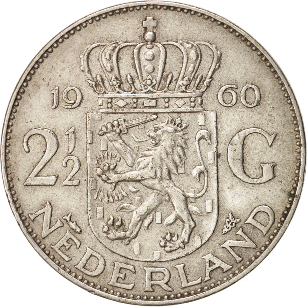Netherlands, Juliana, 2-1/2 Gulden, 1960, AU(55-58), Silver, KM:185