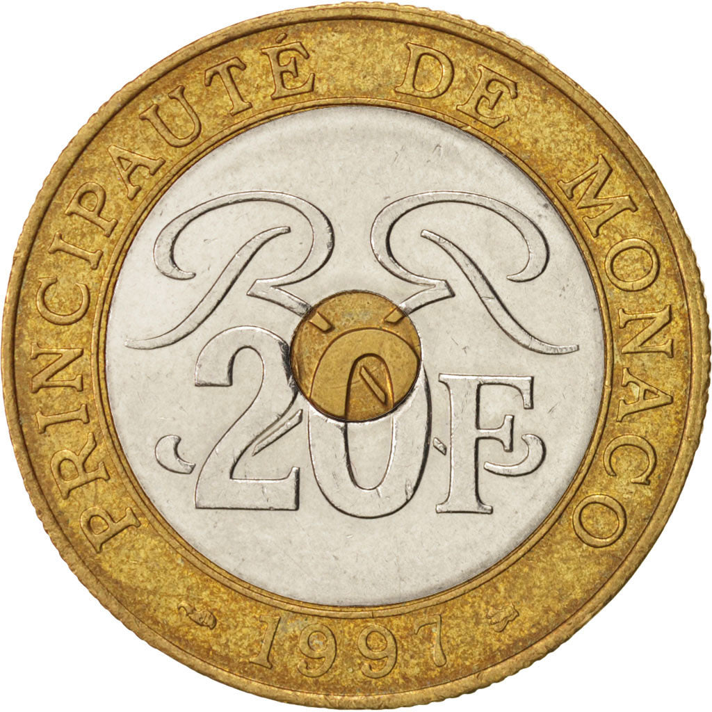 Monaco, Rainier III, 20 Francs, 1997, AU(55-58), Tri-Metallic, KM:165