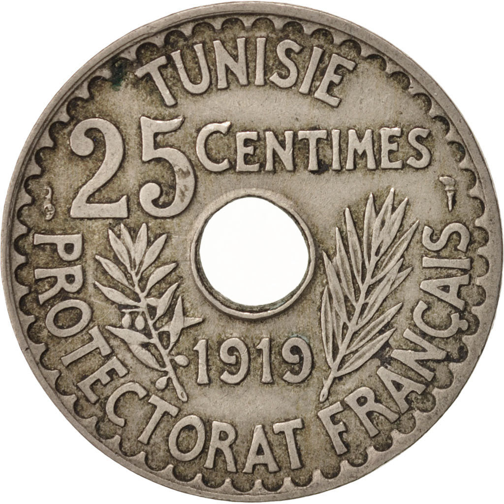 Coin, Tunisia, Muhammad al-Nasir Bey, 25 Centimes, 1919, Paris, AU(50-53)