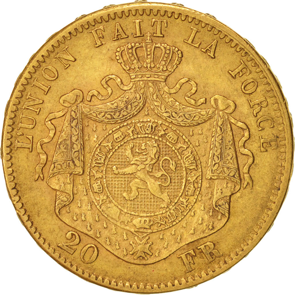 Belgium, Leopold II, 20 Francs, 20 Frank, 1871, AU(50-53), Gold, KM:37