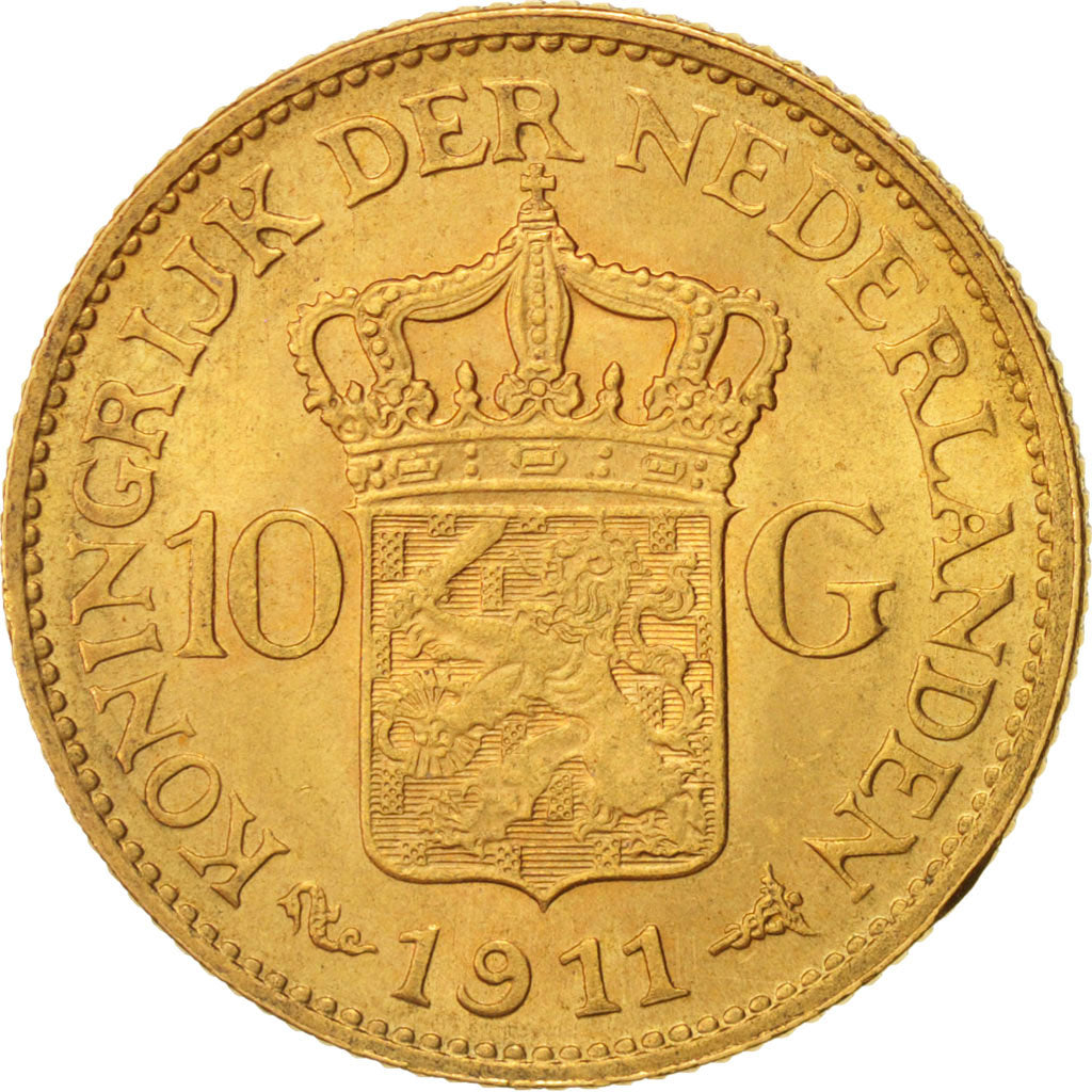 Netherlands, Wilhelmina I, 10 Gulden, 1911, MS(63), Gold, KM:149