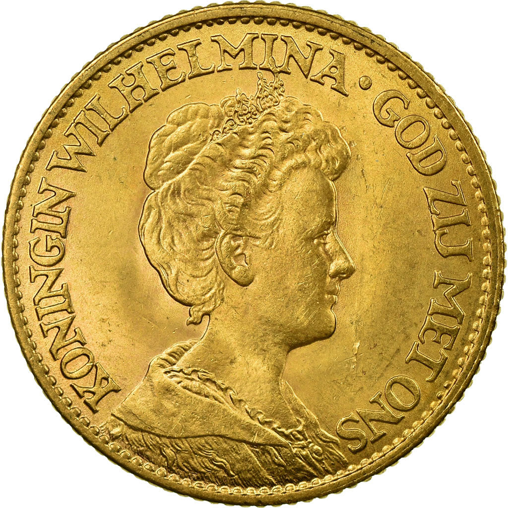 Coin, Netherlands, Wilhelmina I, 10 Gulden, 1913, MS(63), Gold, KM:149