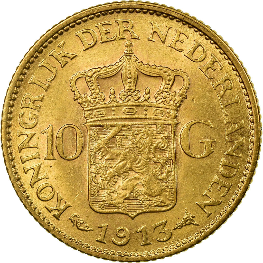 Coin, Netherlands, Wilhelmina I, 10 Gulden, 1913, MS(63), Gold, KM:149