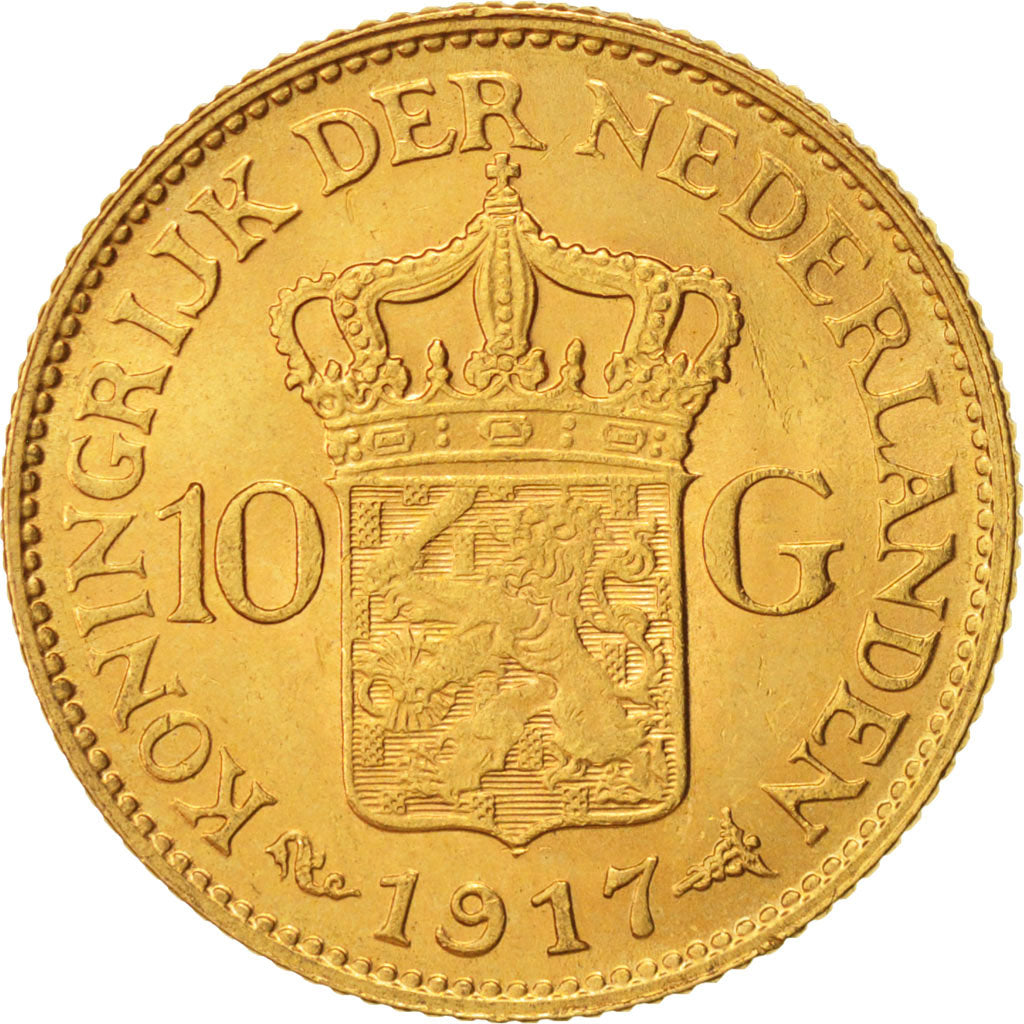 Netherlands, Wilhelmina I, 10 Gulden, 1917, MS(63), Gold, KM:149
