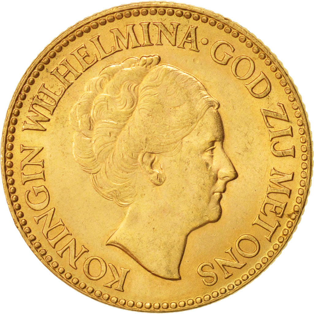 Coin, Netherlands, Wilhelmina I, 10 Gulden, 1933, MS(63), Gold, KM:162