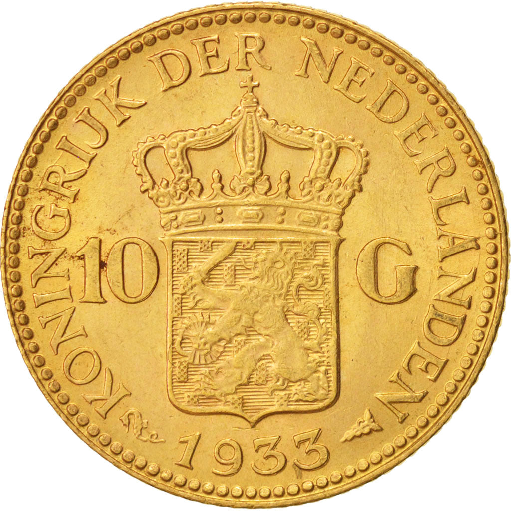 Coin, Netherlands, Wilhelmina I, 10 Gulden, 1933, MS(63), Gold, KM:162