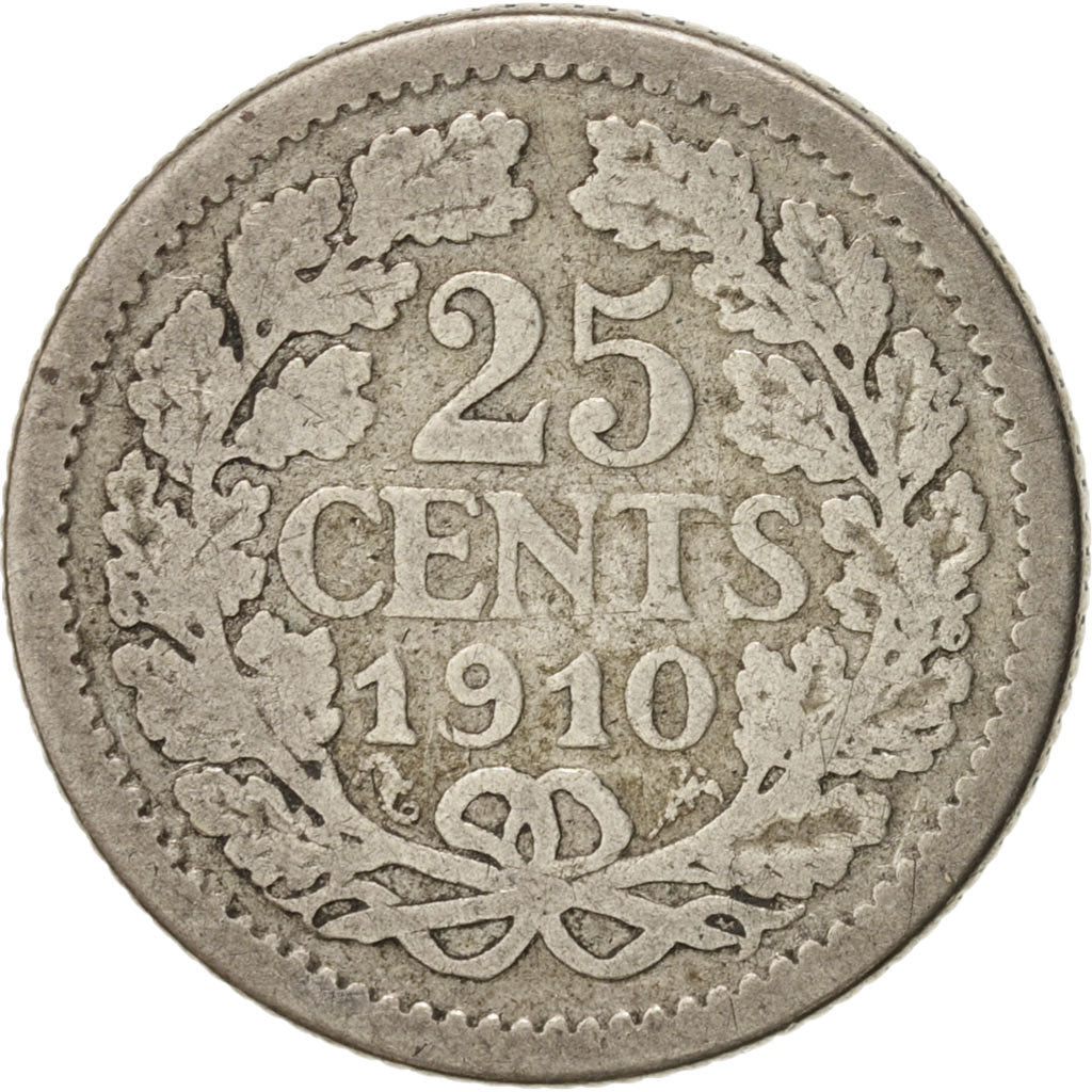Monnaie, Pays-Bas, Wilhelmina I, 25 Cents, 1910, B+, Argent, KM:146