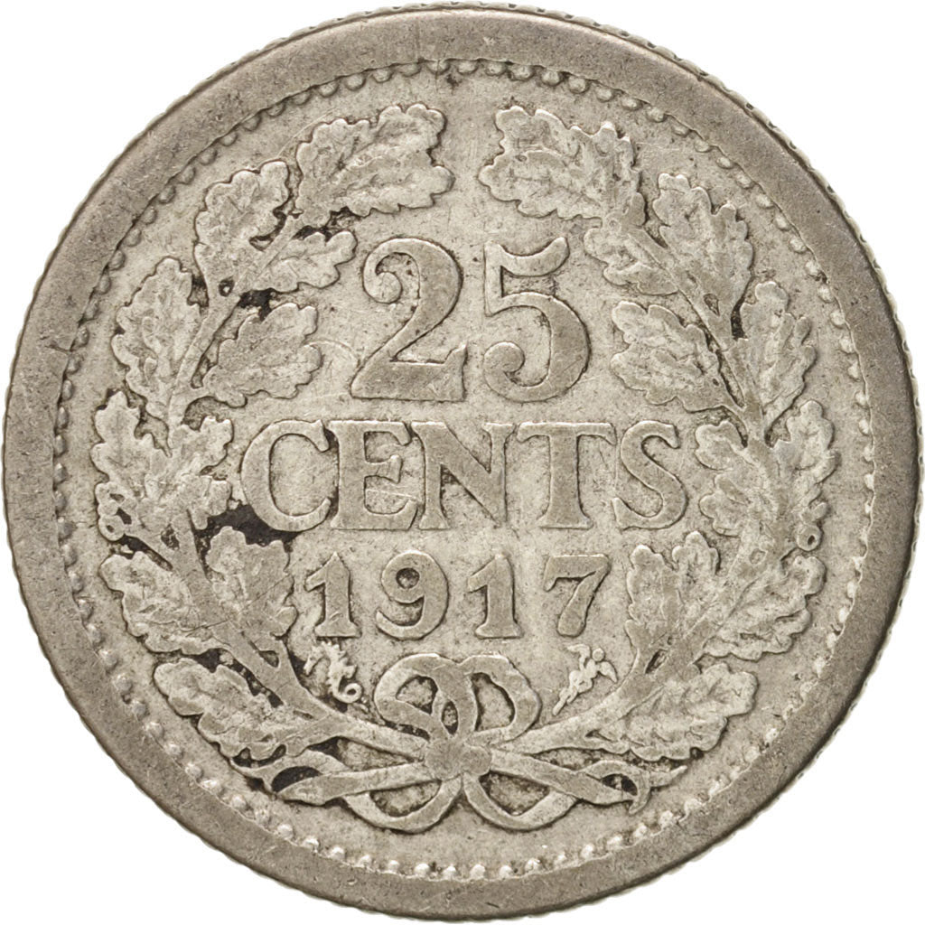 Coin, Netherlands, Wilhelmina I, 25 Cents, 1917, VF(30-35), Silver, KM:146