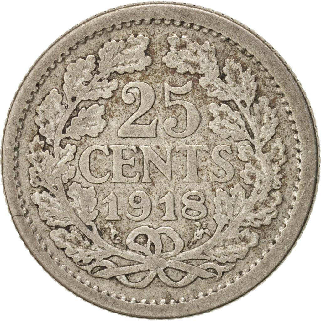 Coin, Netherlands, Wilhelmina I, 25 Cents, 1918, VF(30-35), Silver, KM:146