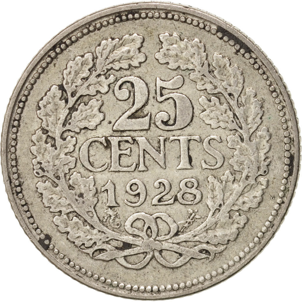Coin, Netherlands, Wilhelmina I, 25 Cents, 1928, EF(40-45), Silver, KM:164