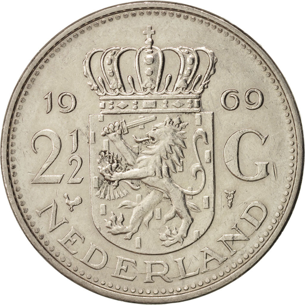 Coin, Netherlands, Juliana, 2-1/2 Gulden, 1969, AU(55-58), Nickel, KM:191
