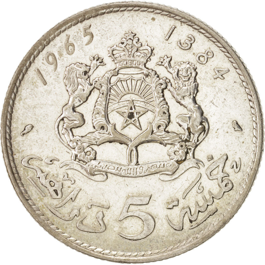 Morocco, al-Hassan II, 5 Dirhams, 1965, Paris, EF(40-45), Silver, KM:57