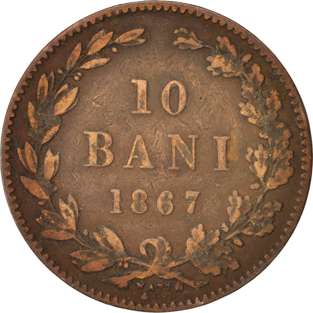 Romania, Carol I, 10 Bani, 1867, VF(30-35), Copper, KM:4.2