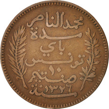 Coin, Tunisia, Muhammad al-Nasir Bey, 10 Centimes, 1908, Paris, VF(30-35)