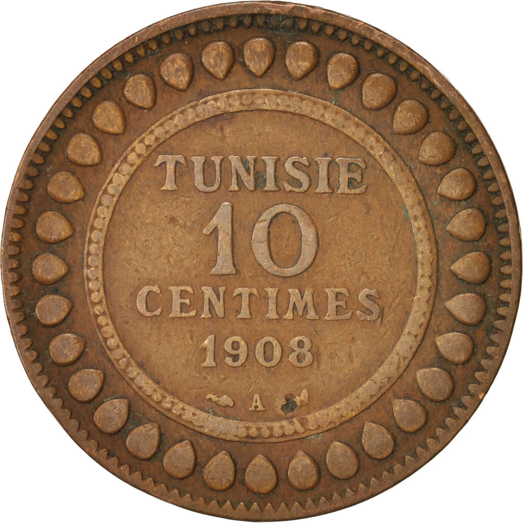 Coin, Tunisia, Muhammad al-Nasir Bey, 10 Centimes, 1908, Paris, VF(30-35)