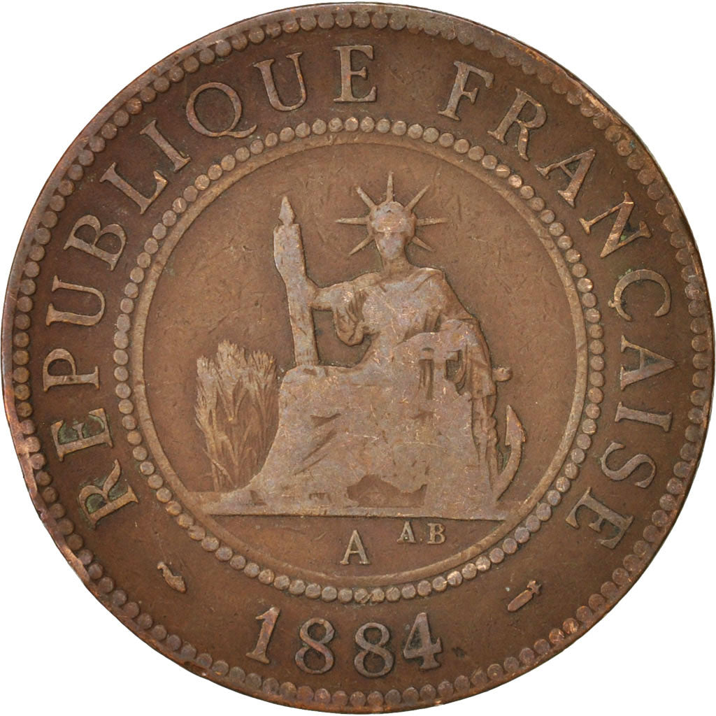 FRENCH COCHIN CHINA, Cent, 1884, Paris, VF(20-25), Bronze, KM:3, Lecompte:13