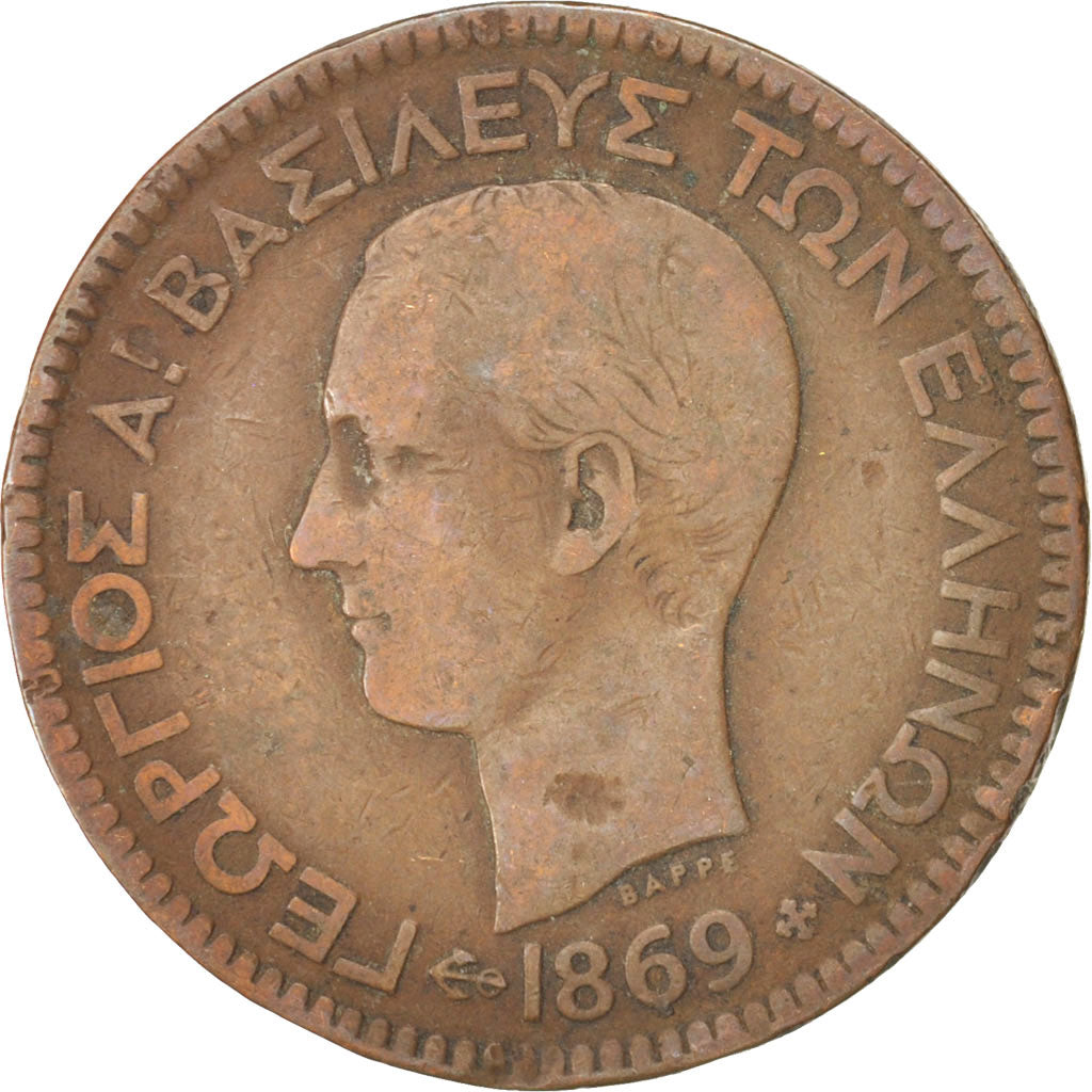 Coin, Greece, George I, 10 Lepta, 1869, Strassburg, VF(20-25), Copper, KM:43