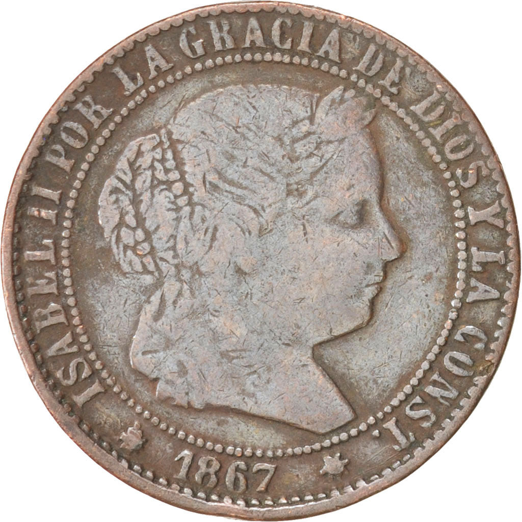 Spain, Isabel II, 2-1/2 Centimos, 1867, VF(20-25), Copper, KM:634.5