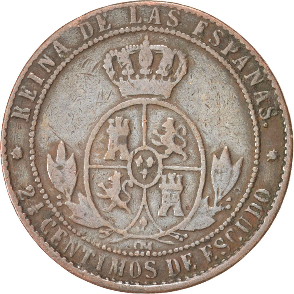 Spain, Isabel II, 2-1/2 Centimos, 1867, VF(20-25), Copper, KM:634.5