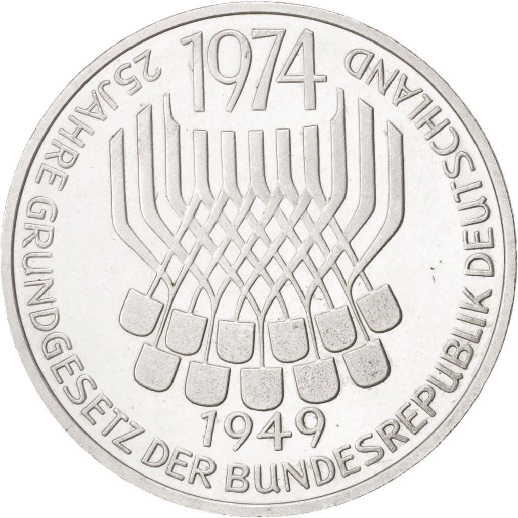 GERMANY - FEDERAL REPUBLIC, 5 Mark, 1974, Stuttgart, MS(63), Silver, KM:138