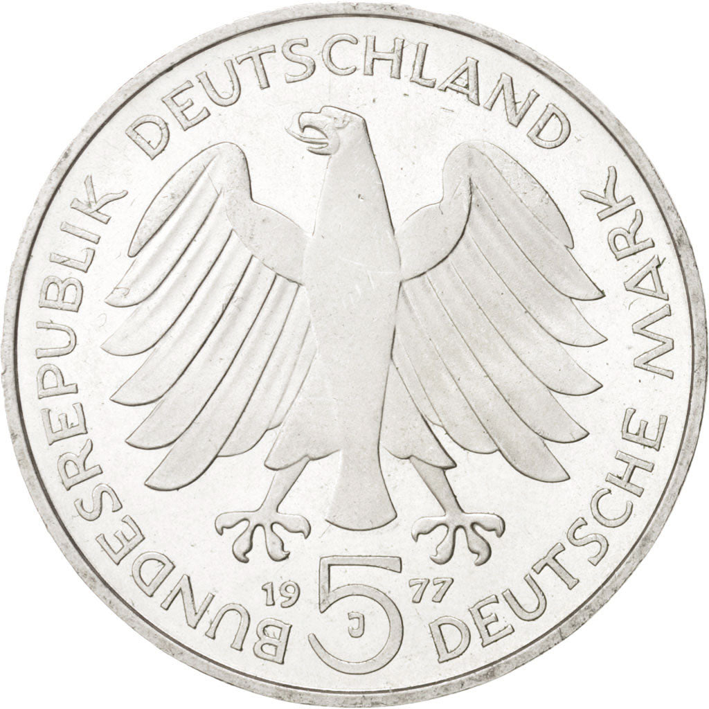 GERMANY - FEDERAL REPUBLIC, 5 Mark, 1977, Hamburg, MS(64), Silver, KM:145